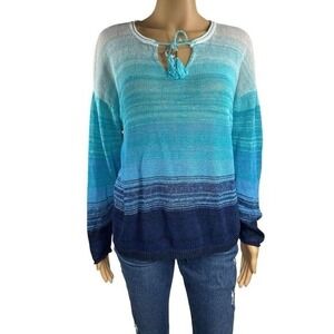 J.Jill Sweater Womens L Blue Ombre Open Knit Tassel V Neck Linen Swim Cover